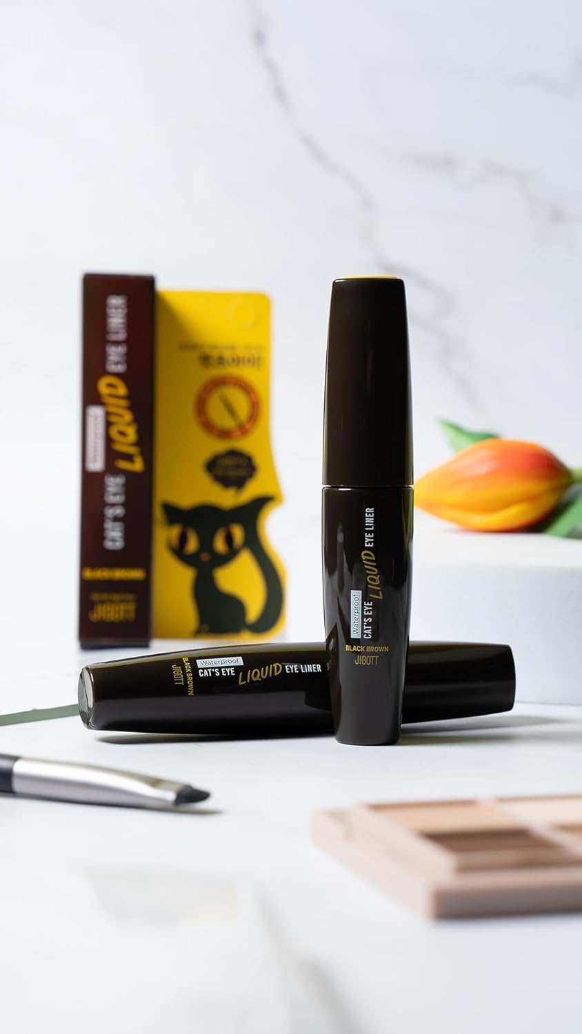 Jigott Cat's Eye Waterproof Liquid Eyeliner - Smudge-Proof, Long-Lasting Black & Brown | 0.31oz (9g) x 2 Pack