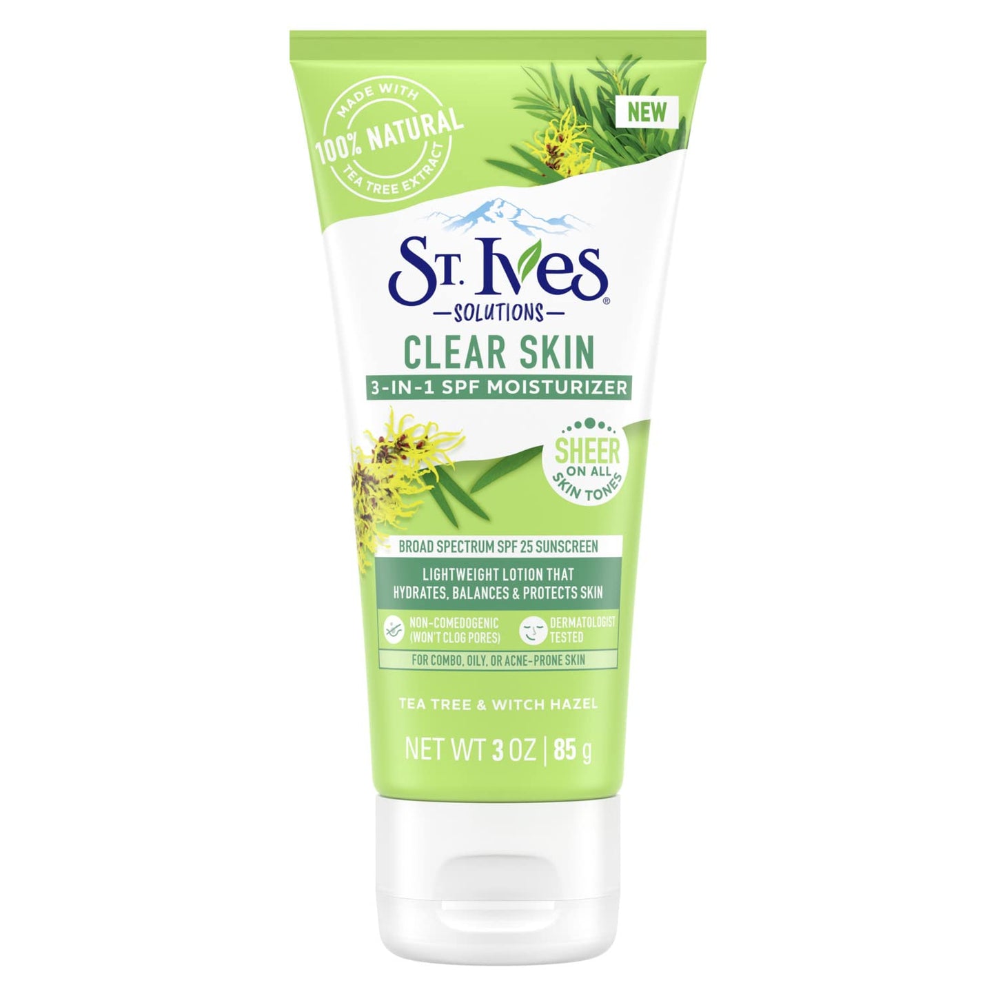 St. Ives Clear Skin Lotion - 3-in-1 SPF 25 Face Moisturizer for Acne-Prone Skin | Lightweight Daily Lotion with Tea Tree & Witch Hazel, 3 Fl Oz