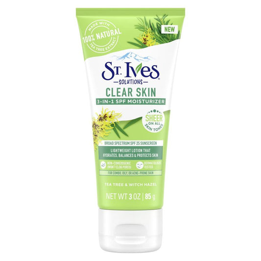 St. Ives Clear Skin Lotion - 3-in-1 SPF 25 Face Moisturizer for Acne-Prone Skin | Lightweight Daily Lotion with Tea Tree & Witch Hazel, 3 Fl Oz