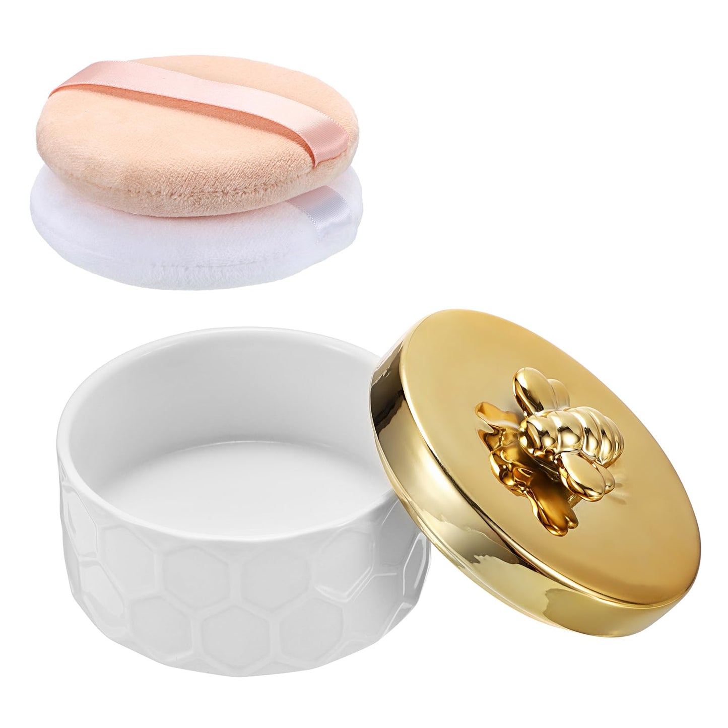 ELLDOO Body Powder Puff and Container, Ceramic Loose Dusting Powder Storage Box with 2pcs Powder Puffs for Baby Women, Jewelry Trinket Box with Golden Bee Lid