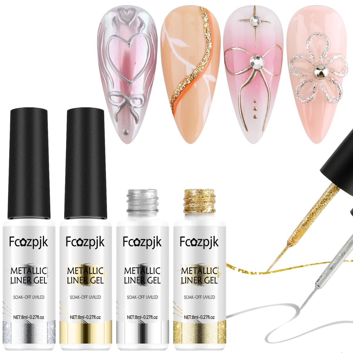 Fcozpjk Gold And Silver Gel Nail Polish 4PCS Metallic Liner Nail Art Polish Mirror Chrome Effect Metal Paint French Tips Wave Flower Dotting Drawing Nail Polish With Thin Brush