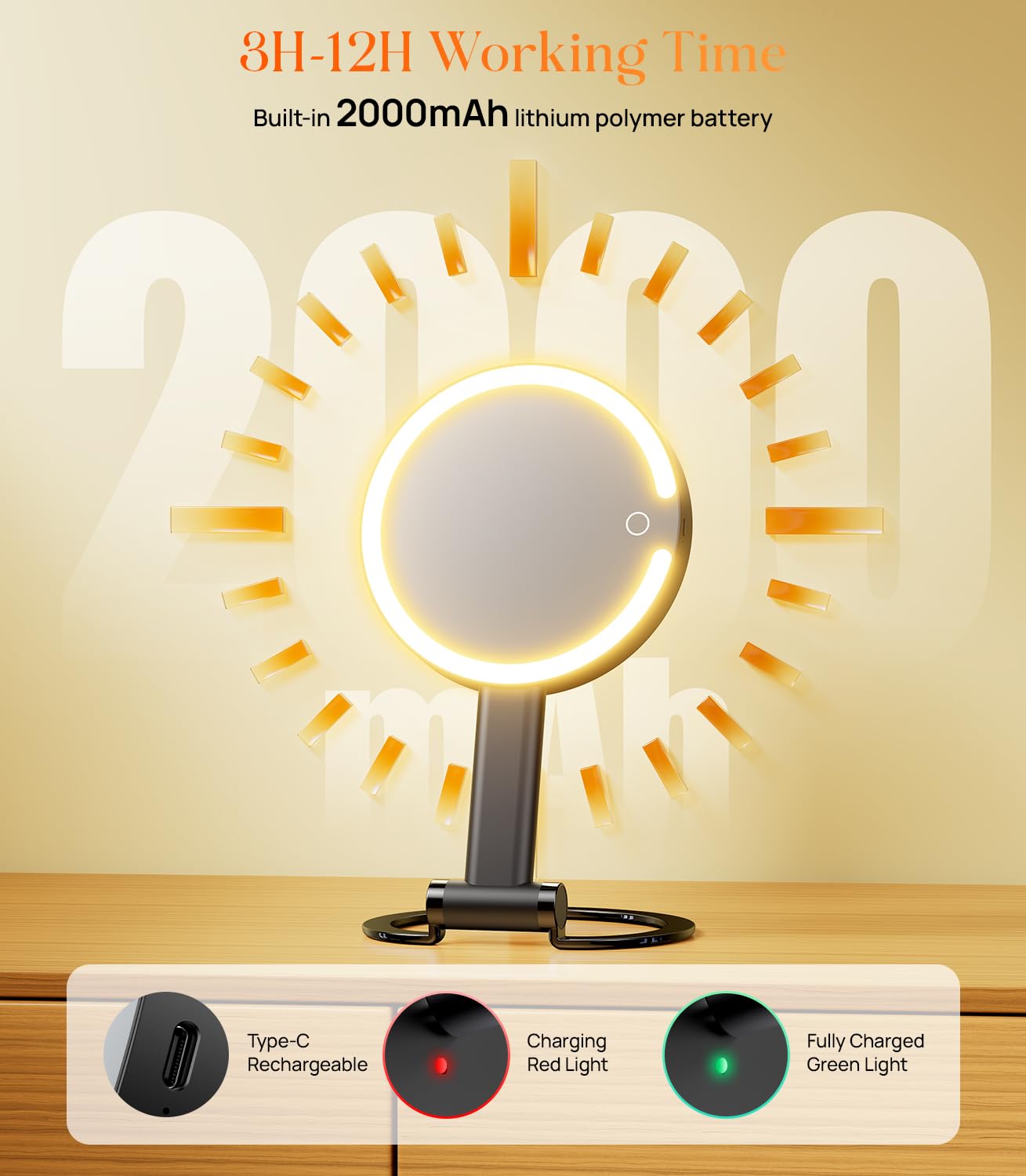 Gospire Magnifying Travel Makeup Mirror with Light 10X 1X Magnifition 2-Sided Lighted Vanity Mirror Rechargeable 3 in 1 Hand Held Desk Hanging, 3 Color Dimmable Lights, Black