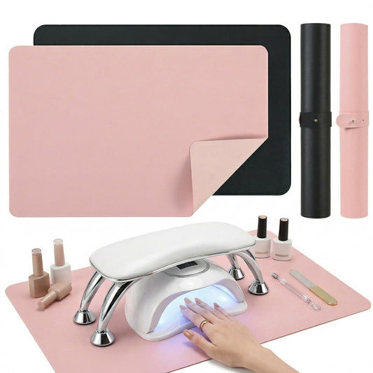 2 PCS Nail Art Table Mat, Soft Microfiber PU Leather Nail Pad, Foldable Nail Art Rest Pad, Reusable Nail Mat for Table Desk, Acrylic Nail Desk Mat for Nail Cushion(Pink+Black)