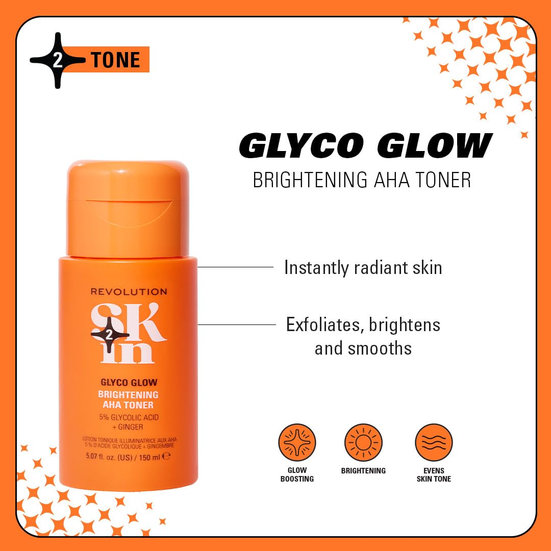 Revolution Skin, Glyco Glow 5% Glycolic Acid & Ginger Brightening AHA Face Toner, Helps Smooth Facial Complexion, Vegan & Cruelty-Free, 11.69 fl oz