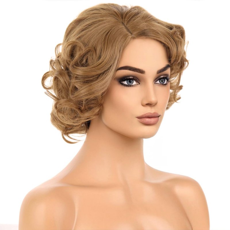 BERON Light Brown Wigs Women Girls Short Curly Bob Wig Side Part Synthetic Hair Wig Halloween Costume for Cosplay Party or Daily Use