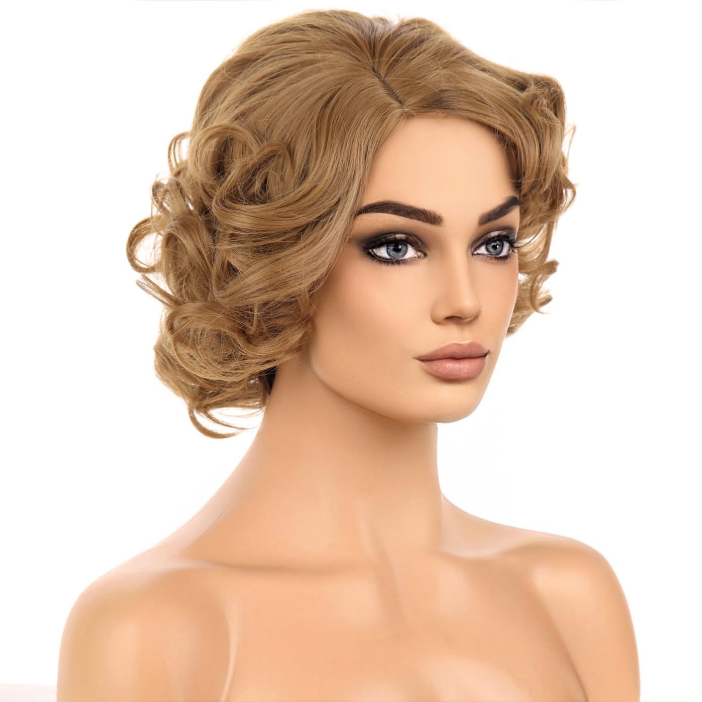 BERON Light Brown Wigs Women Girls Short Curly Bob Wig Side Part Synthetic Hair Wig Halloween Costume for Cosplay Party or Daily Use