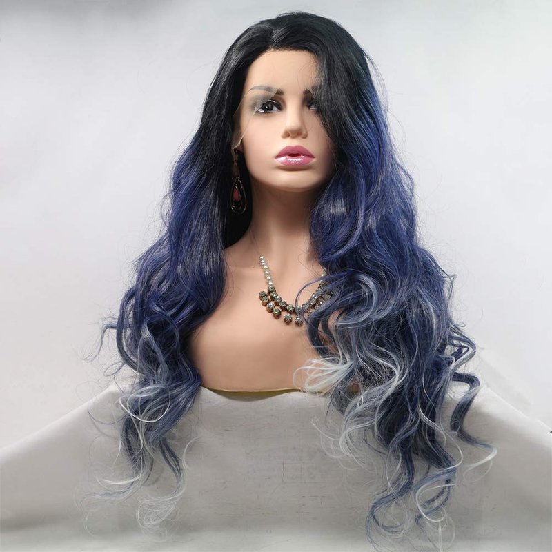 Kalisa Ombre Blue Synthetic Lace Front Wig Long Body Wave Black to Blue Mix White Lace Front Wig Side Part Heat Resistant Fiber Daily Makeup Wig for Women 24 Inch, Ombre Blue Mix White