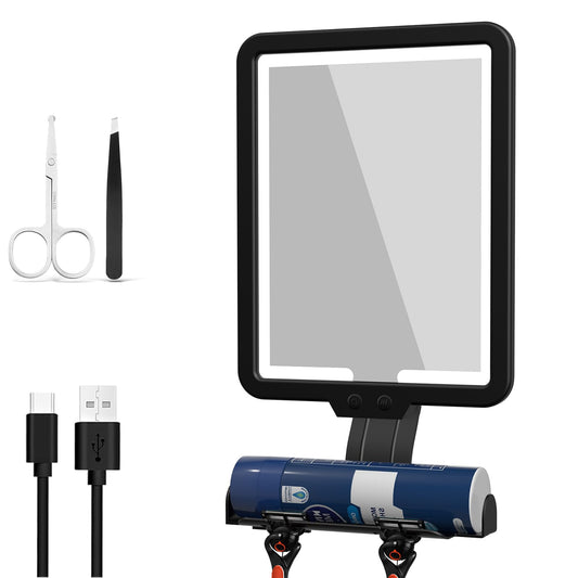 Suupvaor Heated Shower Mirror Fogless for Shaving, Fog Free Large 9.5 * 7inch Shower Shaving Mirror with Light, Rechargeable Anti-Fog Shower Mirror with Storage Tray & Razor Holders