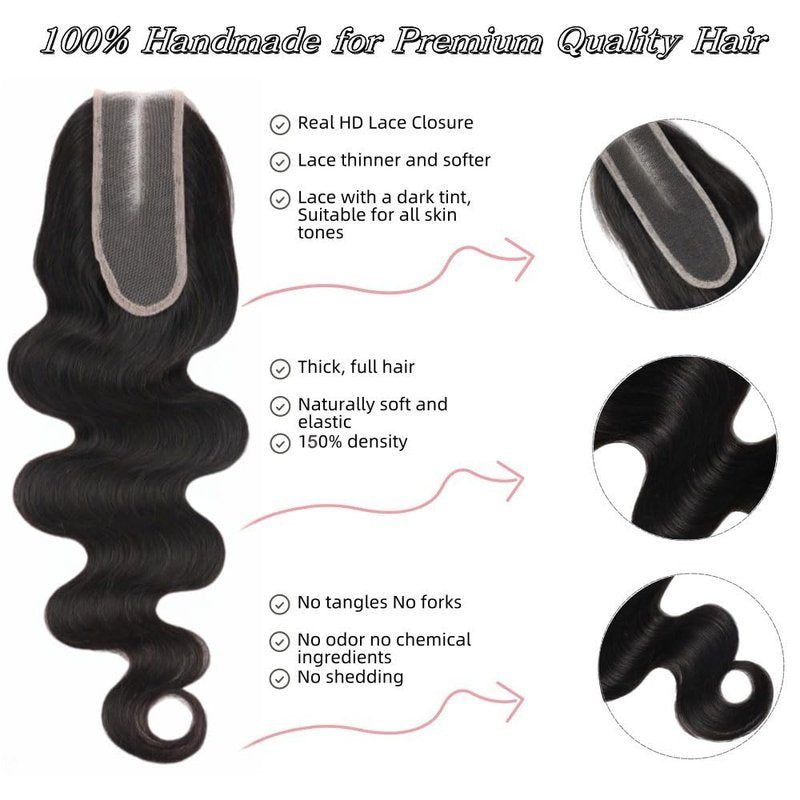 2x6 HD Lace Closure Body Wave Human Hair 16inch Real HD Transparent 100% Brazilian Virgin Middle Part Pre Plucked with Baby Hair Natural Color Kim K 2x6 Closure