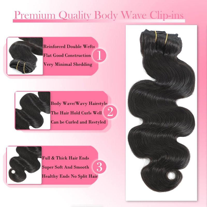 AIWET Body Wave Clip in Hair Extensions Real Human Hair, 8Pcs 120g Wavy Human Hair Clip in Extensions for Women 12A Brazilian Virgin Wavy Human Hair Extensions Clip ins Natural Black (#1B,16 Inch)