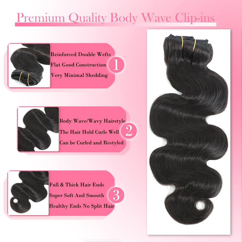 AIWET Body Wave Clip in Hair Extensions Real Human Hair, 8Pcs 120g Wavy Human Hair Clip in Extensions for Women 12A Brazilian Virgin Wavy Human Hair Extensions Clip ins Natural Black (#1B,16 Inch)