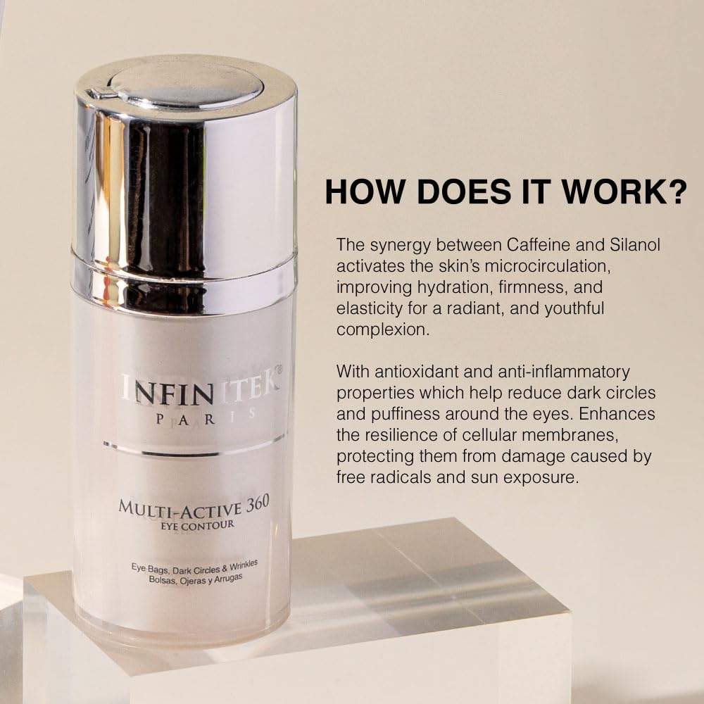 Infinitek Paris Multi-Active 360 Eye Cream | With Caffeine 3%, Retinol & Hyaluronic Acid | Under Eye Cream to Hydrate, Brighten & Reduce Dark Circles, Puffiness, and Fine Lines | 0.50 fl oz / 15 ml