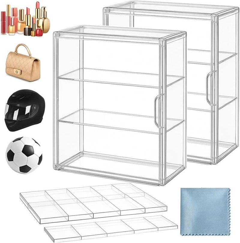 Acrylic Display Case - 2 Pack with Magnetic Door & Adjustable Dividers | Stackable 3-Tier Organizers