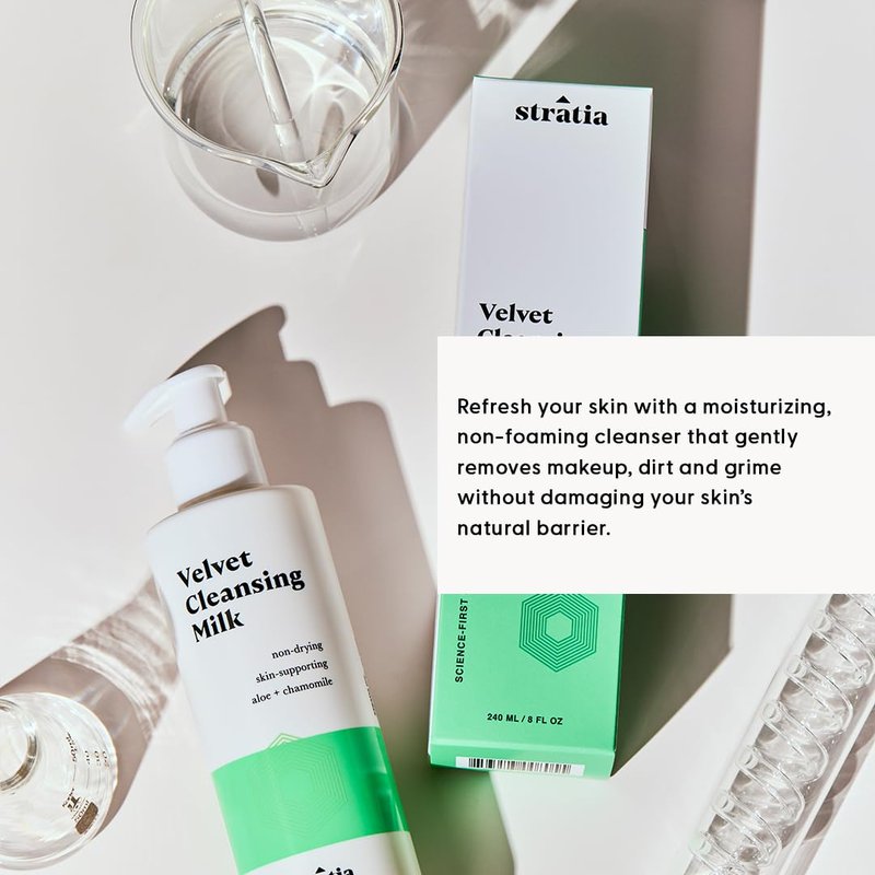 Stratia Velvet Cleansing Milk - Gentle Cream Face Cleanser, Moisturizing & Non-Foaming with Chamomile, Olive Oil & Aloe Vera, 8 Fl Oz