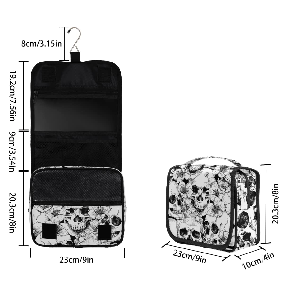 lakefvgk Sugar Skull Blossom Flowers Print Hanging Toiletry Bag Travel Bag with Hanging Hook Large Capacity Portable Cosmetic Bag Travel Organizer Toiletry Kit for Woman Man