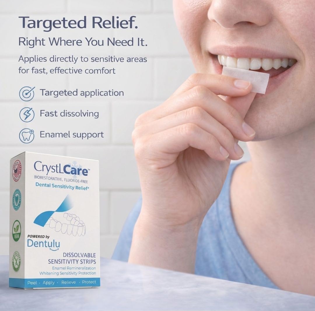 Dentulu CrystLCare Biorestorative - Fluoride-Free Dental Strips for Tooth Sensitivity Relief, Enamel Support & Remineralization with Nano Hydroxyapatite Oral Care (14 Count)