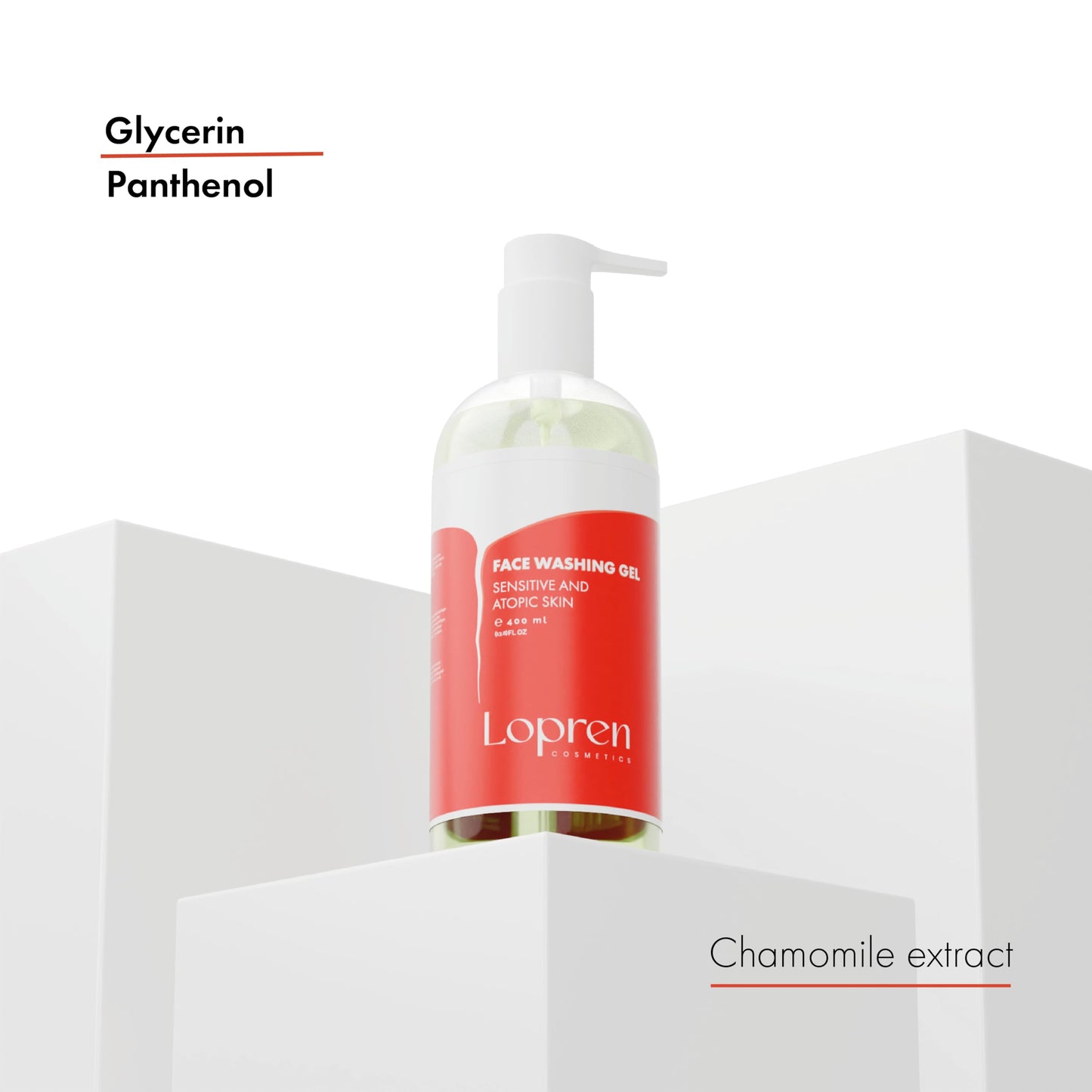 Lopren Facial Cleansing Gel for Sensitive Skin, Chamomile & Aloe-Based Hydrating Face Wash, Gentle Non-Irritating Cleanser with Plant Proteins, Fragrance-Free, 13.5 Fl Oz