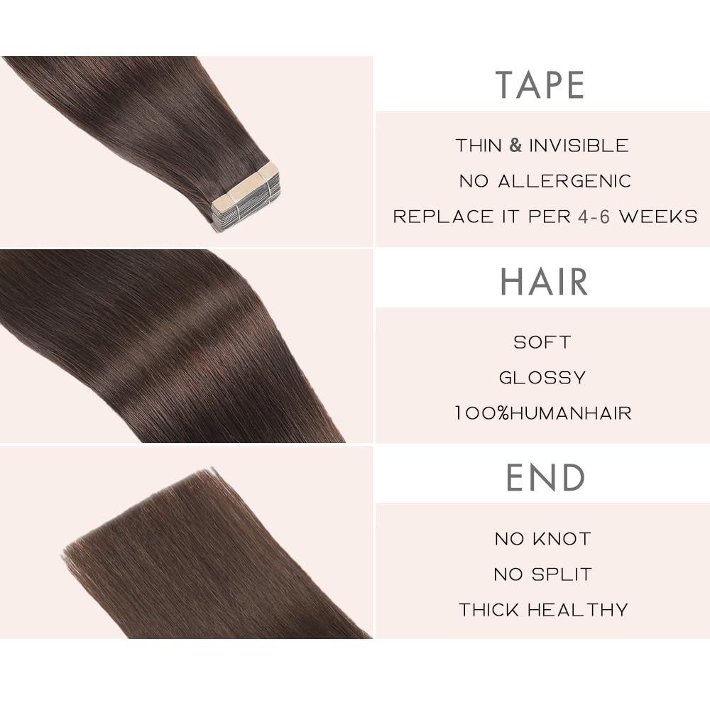 Tape in Hair Extensions Human Hair 20pcs Remy Hair Extensions 18 Inch Darkest Brown Straight Invisible Human Hair Tape in Extensions Skin Weft Tape Extensions Human Hair (2#,18 Inch)