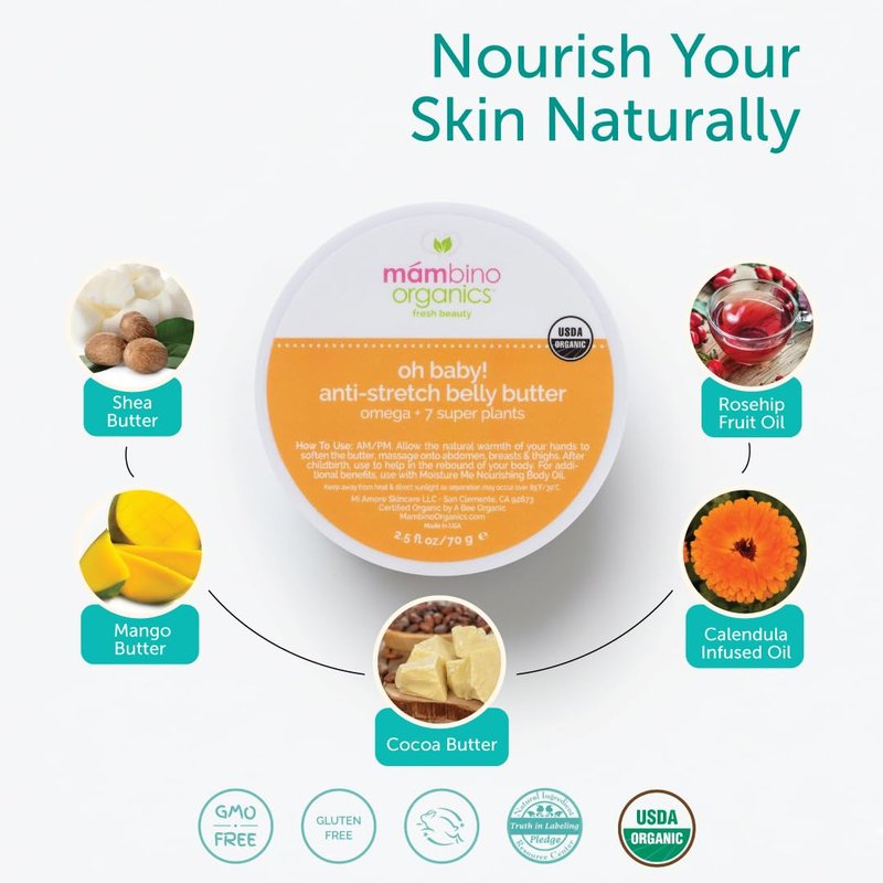 Mambino Organics Oh Baby! Belly Butter, Belly Balm for Pregnant Women, Body Cream with Shea Butter for Pregnancy, Minimizes Stretch Marks, Vegan, Cruelty-Free, Maternity Skin Care, 2.5 fl oz