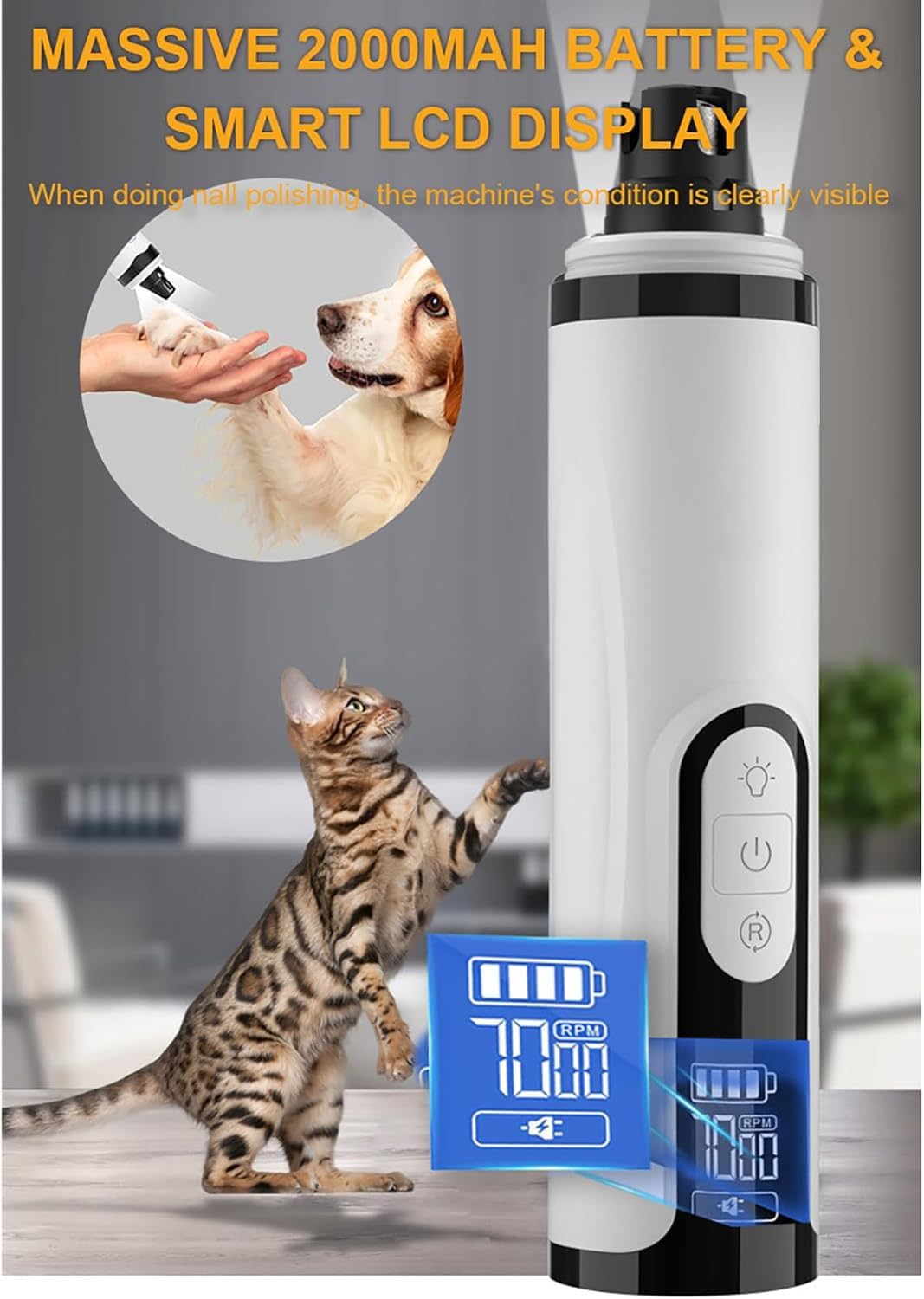 Rercarre Nail Grinder, Upgraded Silent Dog Nail Grinder, Cordless Grooming Pro Nail Grinder with 3 Adjustable Speeds & Led Light Pet Nail Grinders for Dog Cat Home Use(1pc+2 Heads)