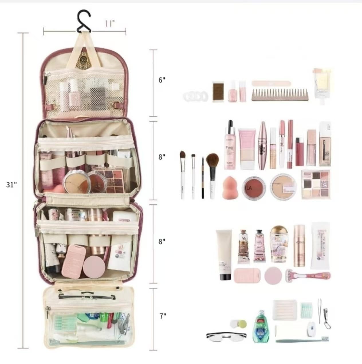 JATHIN Travel Toiletry Bag for Women - Hanging Cosmetic Makeup Organizer with Clear Compartments, Water-Resistant Cosmetic Bag, Perfect for Vacation, and Daily Use (pink)