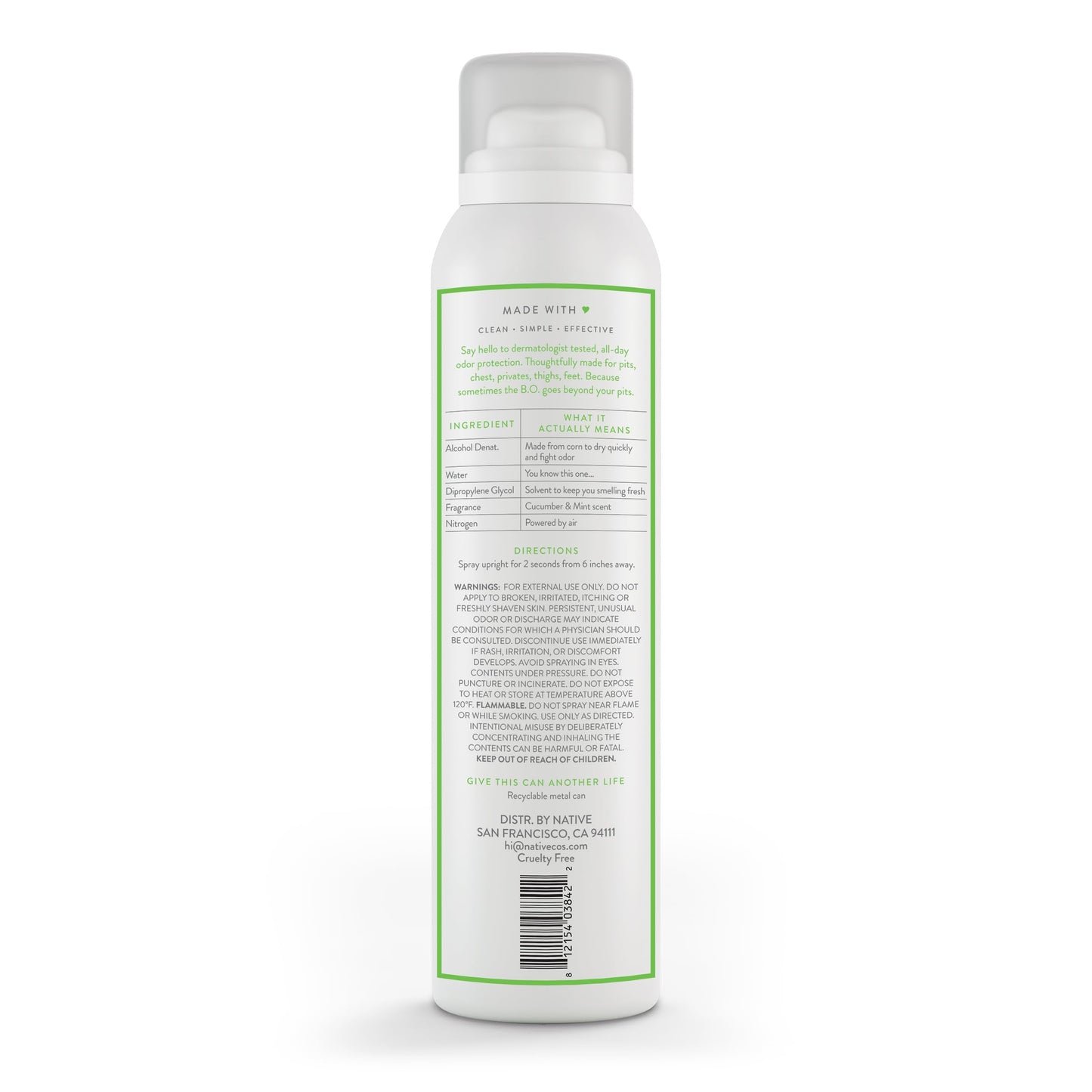 Native Whole Body Deodorant Spray, Cucumber & Mint Scent, 72 Hour Odor Control for Pits, Privates & More, Aluminum Free, Quick-Drying Deodorant for Men & Women, 3.5 oz