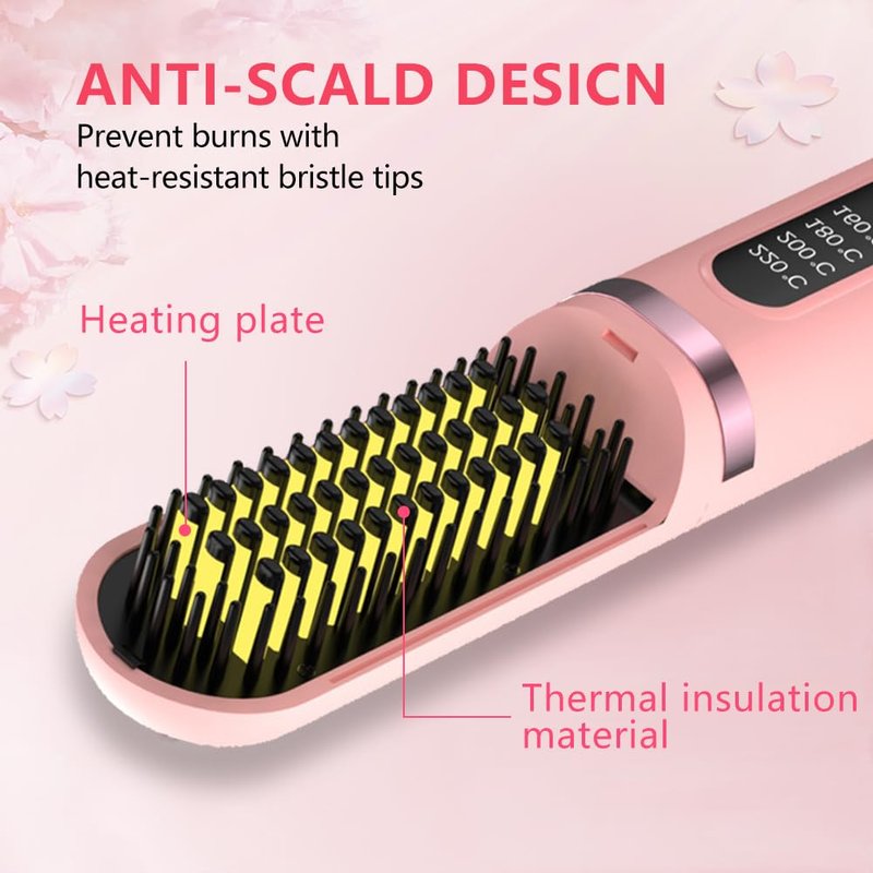 Cordless Hair Straightener Brush, Portable Straightening Brush for Women, Mini Negative Ion Hot Comb for Travel, 30Mins Auto-Off, USB Rechargeable, Fast Heating 4 Temperature Settings(Pink)