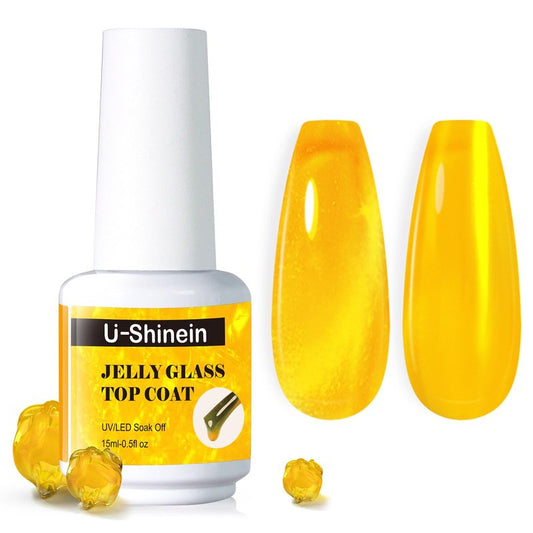 U-Shinein Jelly Gel Nail Polish, Top Coat Gel Nail Polish for Transparent Glass Finish, Sheer Blue Crystal Translucent Polish Jelly Glass Top Coat Soak Off UV/LED for Nail Art Manicure Salon
