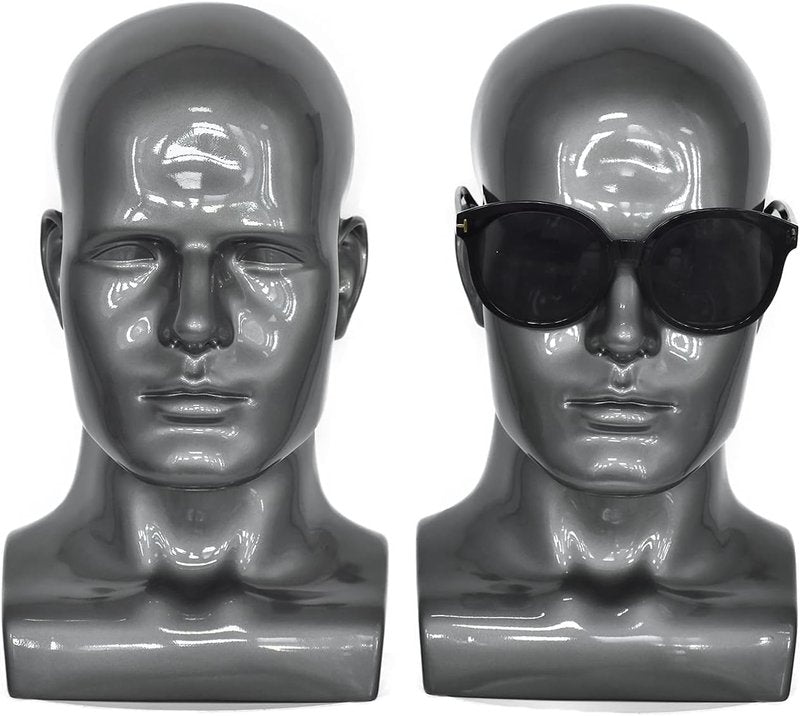 Black Male PVC Mannequin Head | Display Stand for Hats, Scarves, Wigs & Glasses - Grey Color