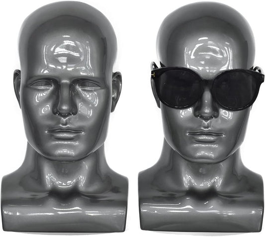 Black Male PVC Mannequin Head | Display Stand for Hats, Scarves, Wigs & Glasses - Grey Color