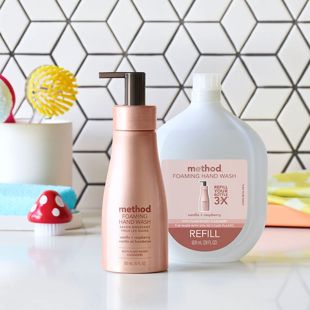 Method Premium Foaming Hand Wash, Vanilla + Raspberry, Reusable Pink Aluminum Bottle, 10 fl oz (Pack of 3)