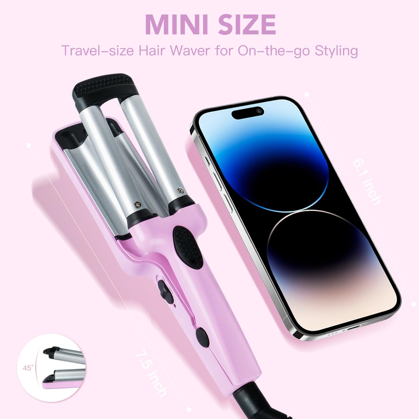 Ouphiny Mini Hair Crimper, 3 Barrel Curling Iron 1/2 Inch with Dual Voltage, Travel Beach Waver Curling Iron for Short to Medium Hair, Purple