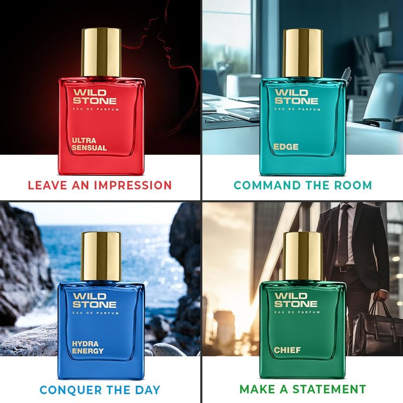 Wild Stone Luxury Eau De Parfum Gift Set |3.38oz,30 ml (Pack of 4) | Woody & Warm Spicey Notes | Best Perfume for Gifting| EDP Perfume for Men | Ultra Sensual, Chief, Hydra & Edge Everyday Perfumes