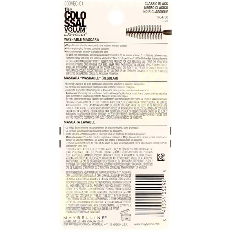 Maybelline New York The Colossal Volum' Express Washable Mascara, Classic Black 231, 0.31 Fl Oz