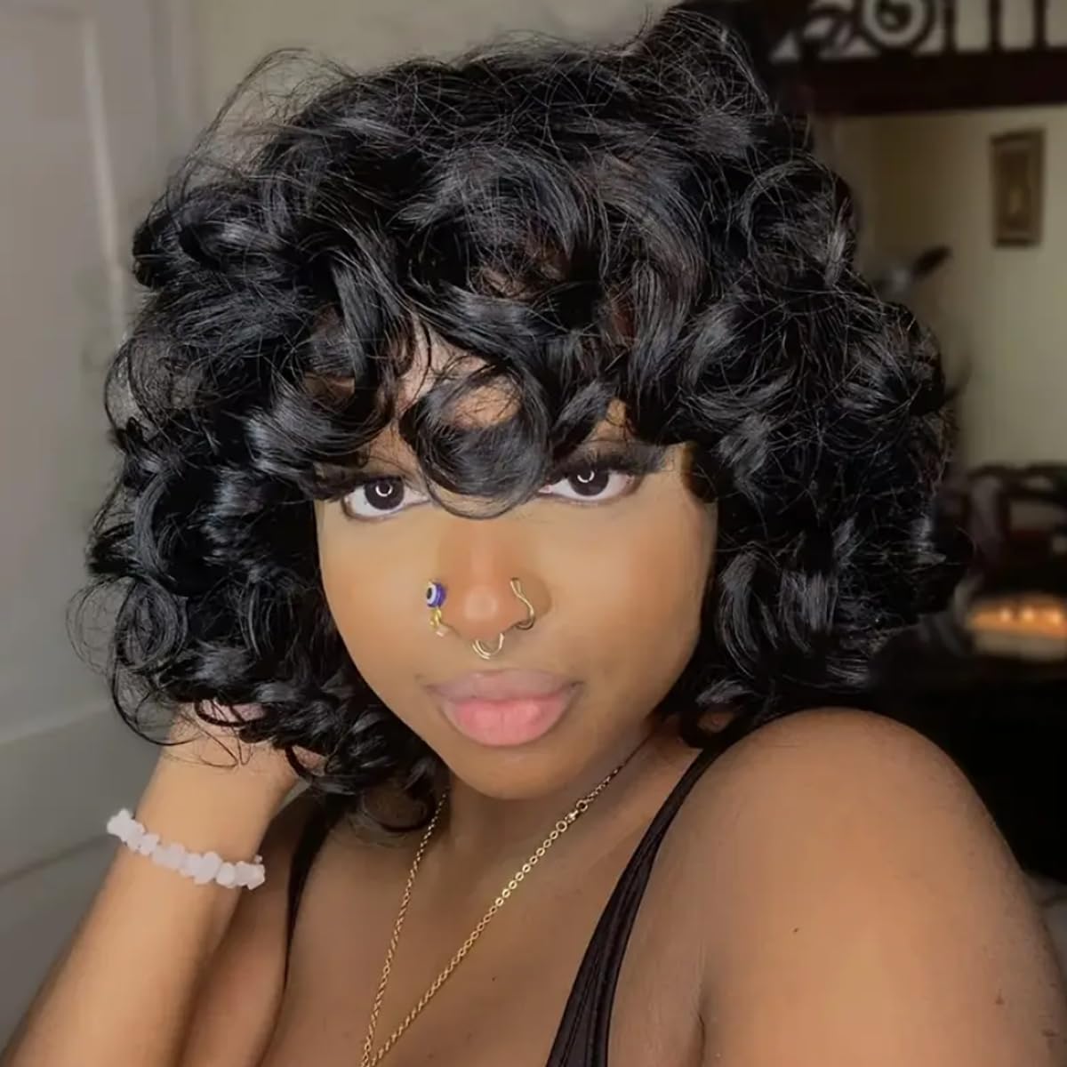 PECWU Short Curly Wigs With Bangs 100 percent Human Hair for Black Women Glueless Pelucas De Mujer Pelo Humano Funmi Curly Bob Human Hair Wig Natural Loose Wig Afro Curly Wig Bouncy Wig 10"