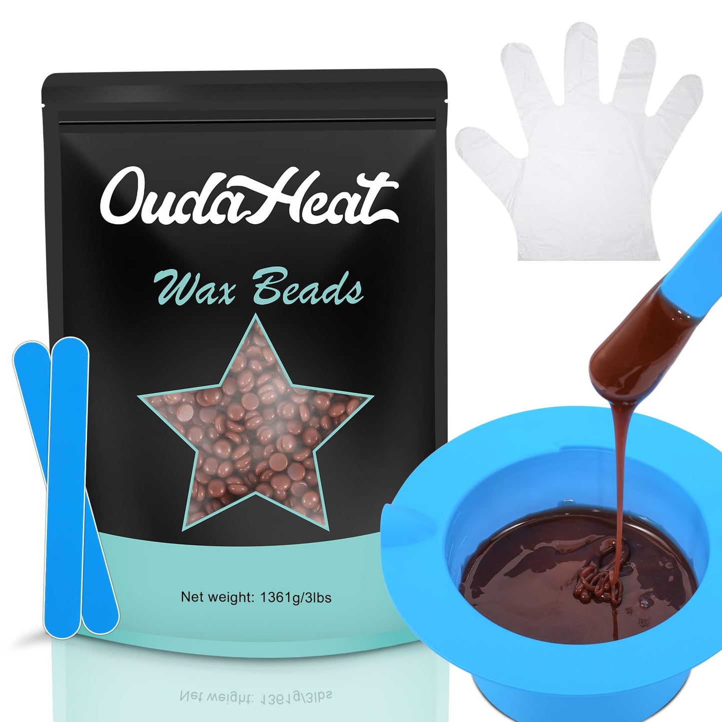 3lb Bulk Hard Wax Beads, Professional Waxing Bead for Brazilian, Bikini, Body, Face, Legs, Coarse Hair Hair Removal, Stripless Wax beans, Salons Supplier Wax Bead Refill, 1 Silicone Pot and 5 Sticks