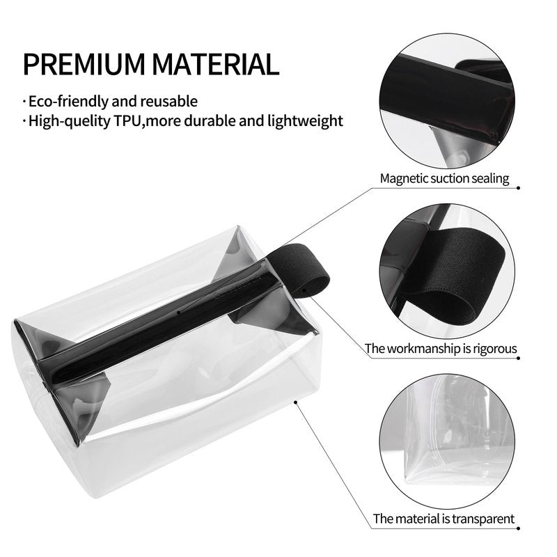 Clear Toiletry Bag with Magnetic Closure, 0.7mm Thick Structured TPU Travel Organizer, Transparent Cosmetic Bag for Toiletries, Makeup and Daily Essentials with Modern Color Trim (White Trim)