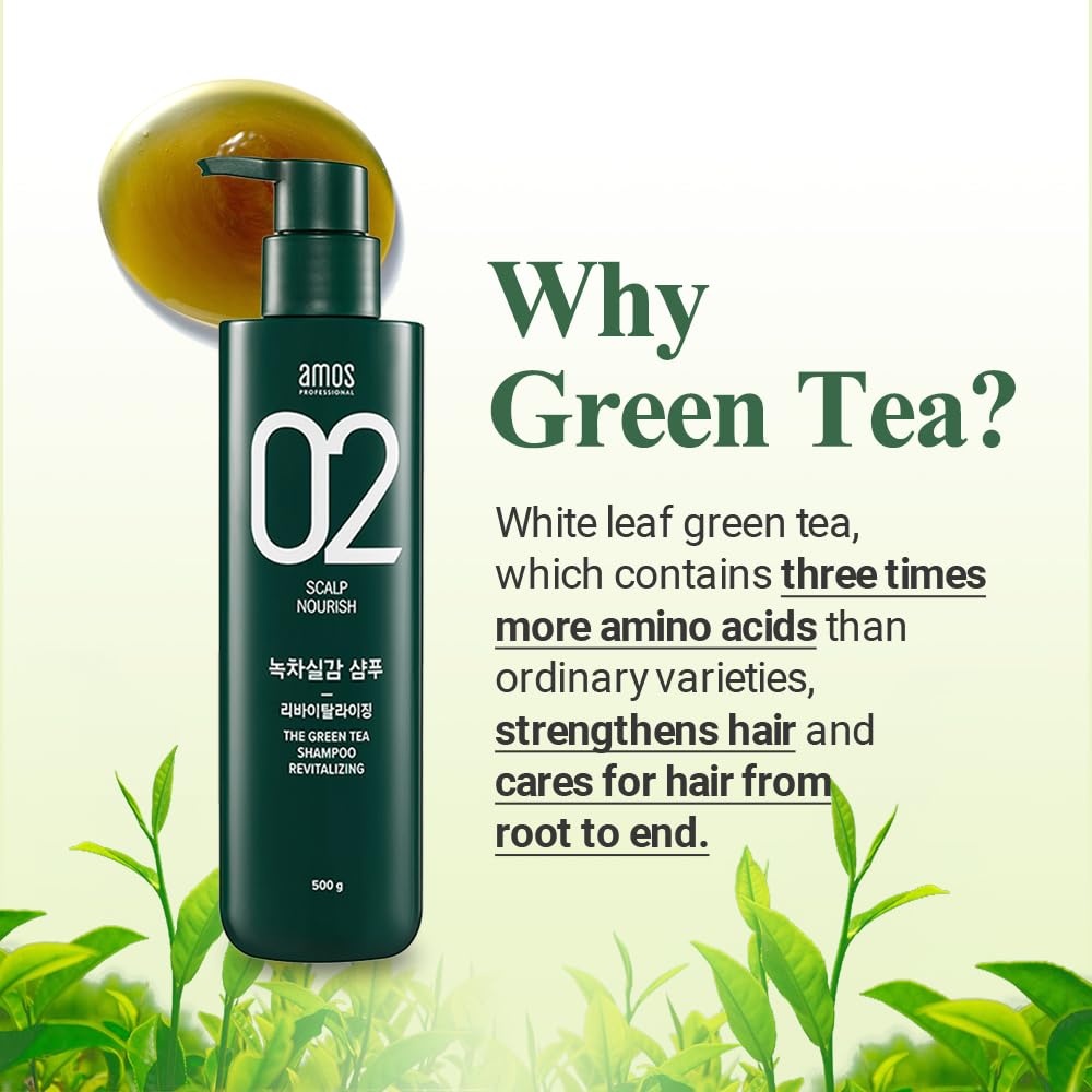 AMOS PROFESSIONAL The Green Tea Shampoo Refresh [For Oily Scalp] 17.6oz (500g) | Anti-Hair Loss Korean Hair Growth Shampoo for Cleanse Excess Sebum