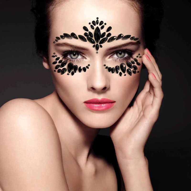 KOTBS 6 Sheets Black Face Gems, Self-Adhesive Rhinestone Face Jewels for Festivals, Halloween, and Costume Parties, Large