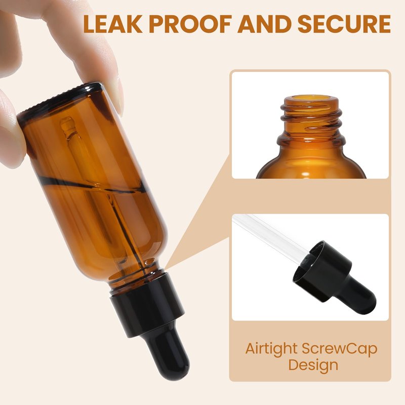 UPBUD 50 Pack 1oz Amber Glass Dropper Bottles Leakproof with Funnels, Eye Droppers, Extra Caps, Labels - Refillable UV 30ml Empty Bottles for Tinctures, Essential Oils, Perfume, Beard, Hair Oil