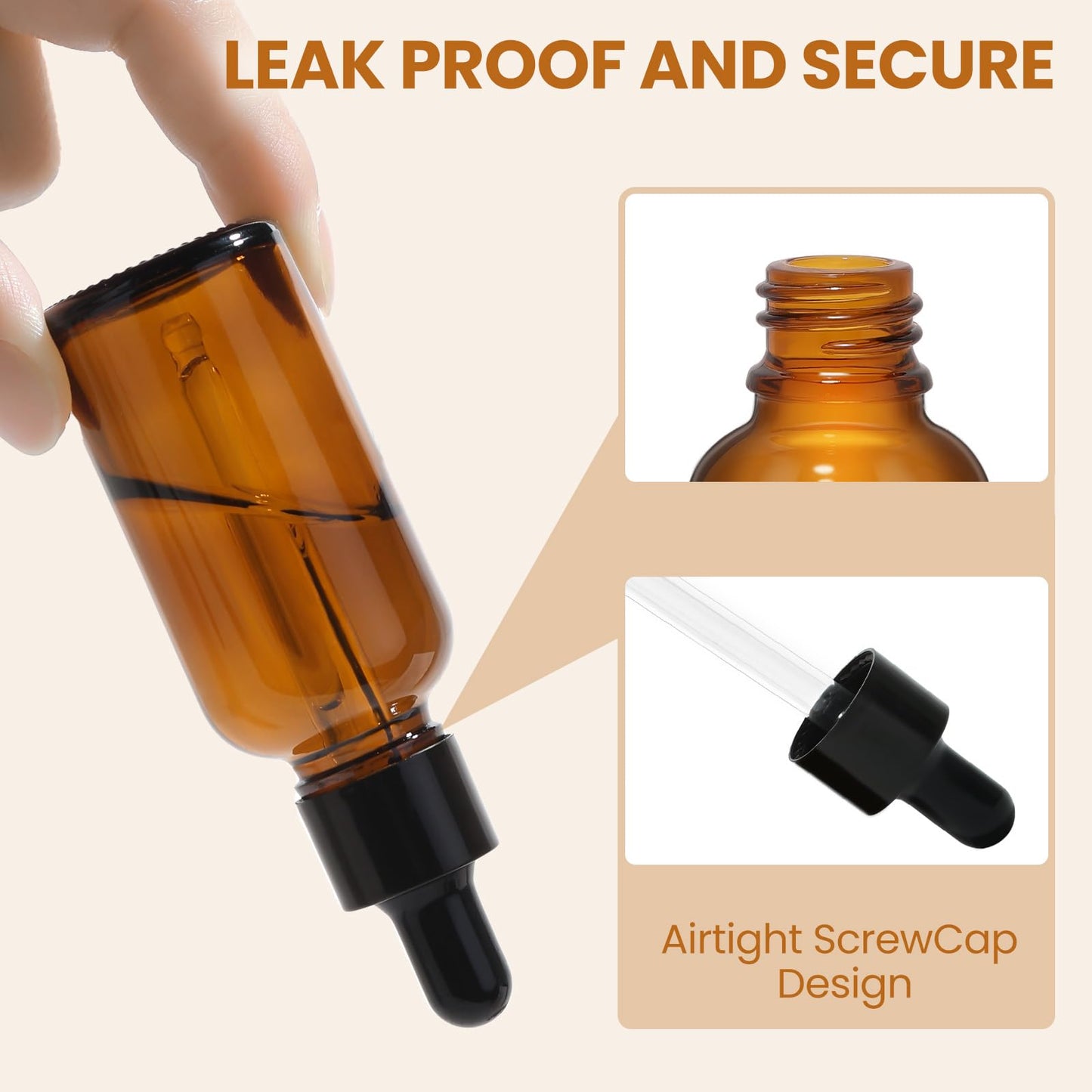 UPBUD 50 Pack 1oz Amber Glass Dropper Bottles Leakproof with Funnels, Eye Droppers, Extra Caps, Labels - Refillable UV 30ml Empty Bottles for Tinctures, Essential Oils, Perfume, Beard, Hair Oil