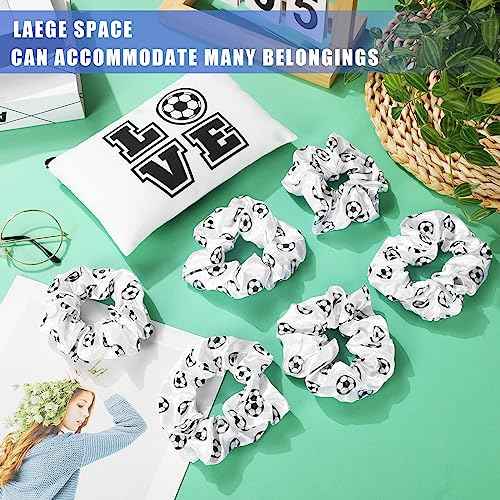 Sweetude 24 Pcs Soccer Gifts 12 Makeup Bag 12 Satin Scrunchies for Girls Portable Cosmetic Travel Bag Elastic Hair Ties Soccer Favors for Women Girls Team Players(White)