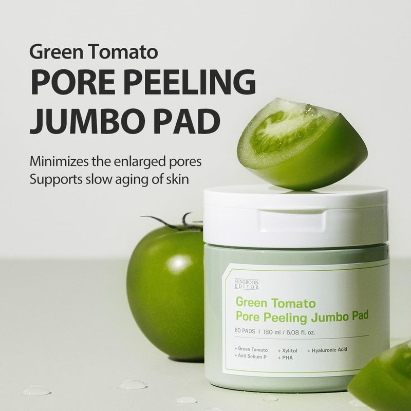 Green Tomato Pore Peeling Pads - Exfoliating PHA Toner with Hyaluronic Acid | 60 Sheets, Korean Skincare