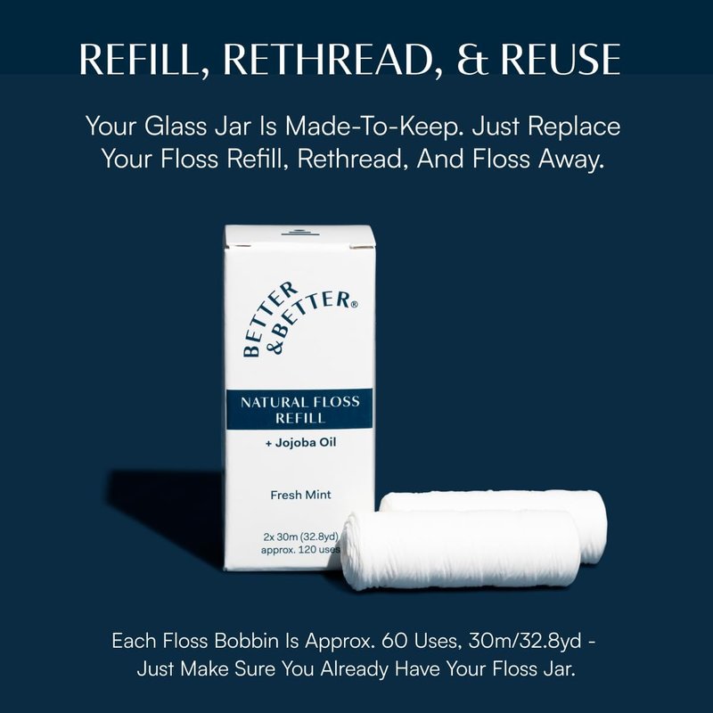 Natural Dental Floss - Refillable Glass Jar | Waxed, Vegan & Eco-Friendly - 100% Plant-Based, 1 Spool
