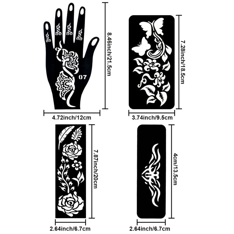 Temporary Tattoo Henna Kit Safe & Easy Fake 12 Bottles 11 Colors Ink 18 Big Pcs Stencils for Adults/Kids-fake tattoos (Black×2, Red, Green, Purple, Orange, Navy Blue, Brown, Pink, Grey, Yellow)