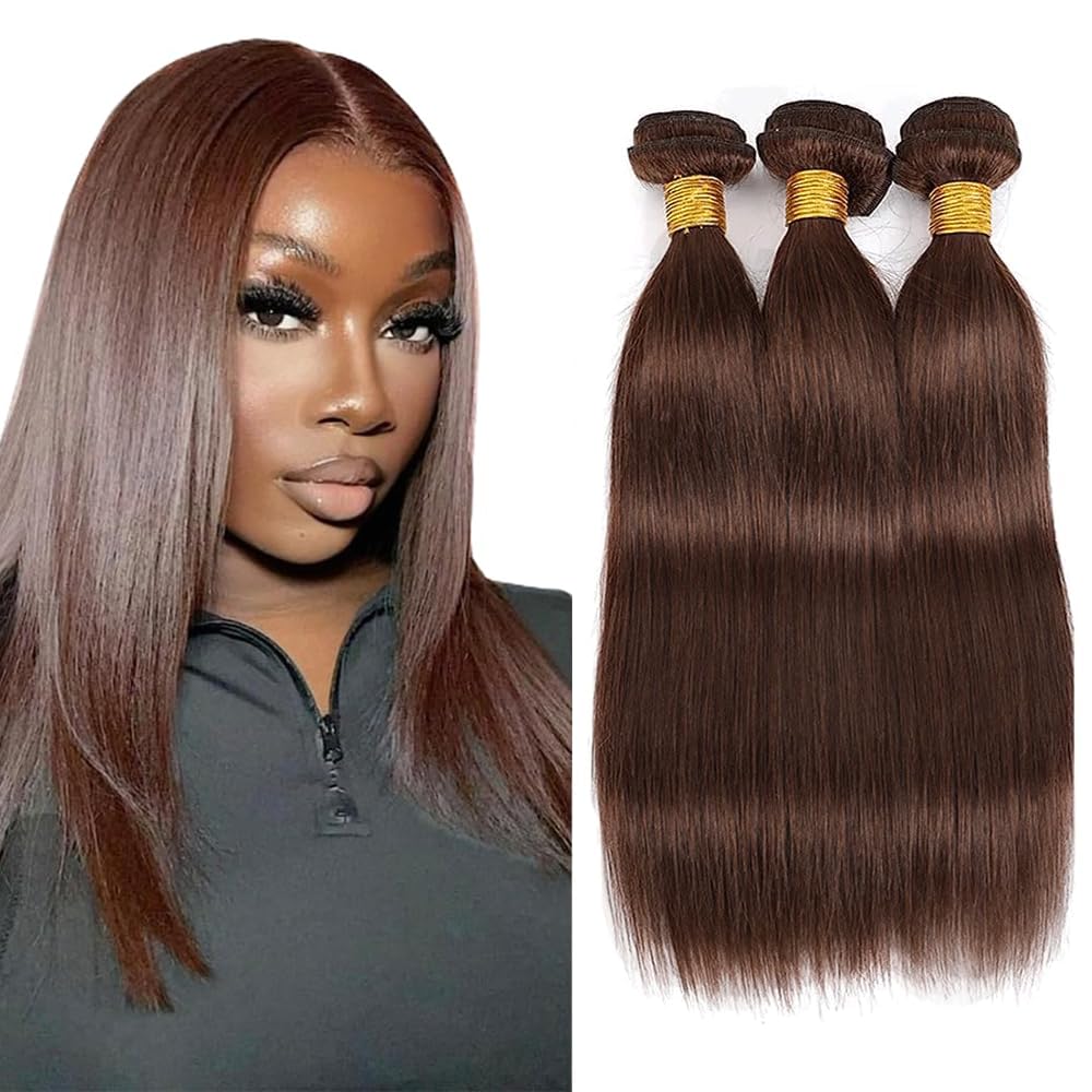 Color 4 Straight Bundles Human Hair Dark Brown Bundles Double Weft Brazilian Virgin Chocolate Brown Straight Remy Hair Extensions Silky and Soft for Black Women (12 12 12 inch 3 Bundles)