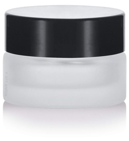 (24 pack) 5 ml 1/6 oz Frosted Clear Glass Small Thick Wall Jars with Black Smooth Foam Lined Lids