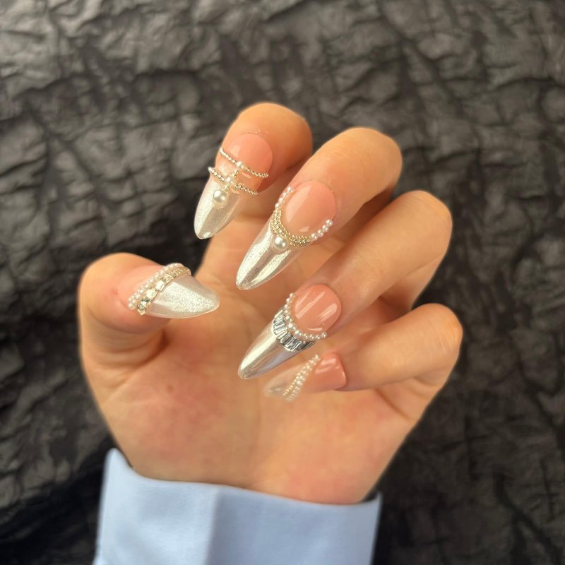 AKA Unicorn Trendy Handmade Press On French Nails Medium Almond Shape,10Pcs Thick Acrylic Fake Nails with 3D Pearl Cute Design Clip On Nail for Woman Gift (Design concept:French Tenderness)
