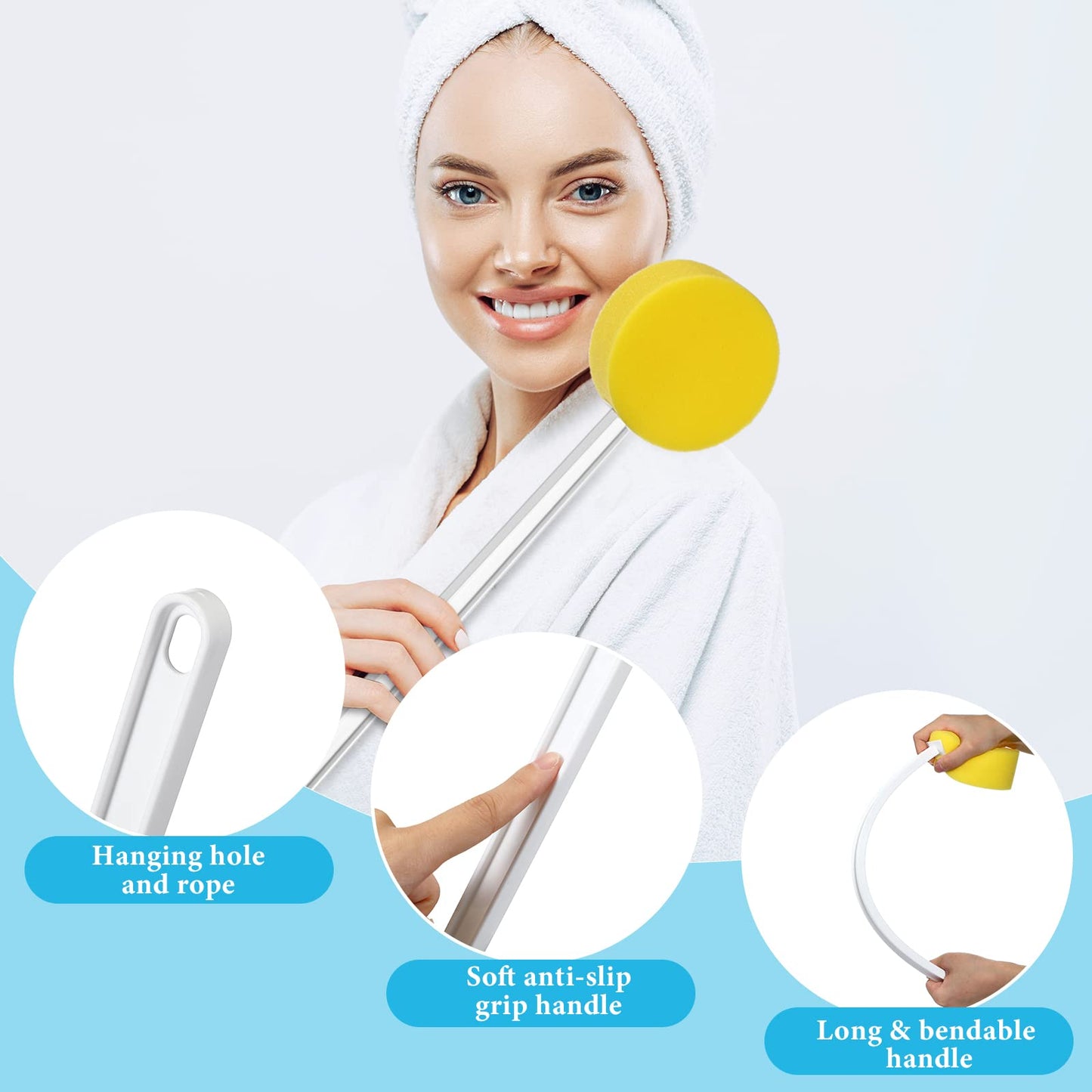 Yetene 3 Pcs Long Handle Bath Sponge 22.4'' Back Sponge on a Stick Lightweight Back Washer Handled Butt Scrubber Shower Brush for Foot Body Cleaning Bathing Limited Motion, Yellow(Round Style)