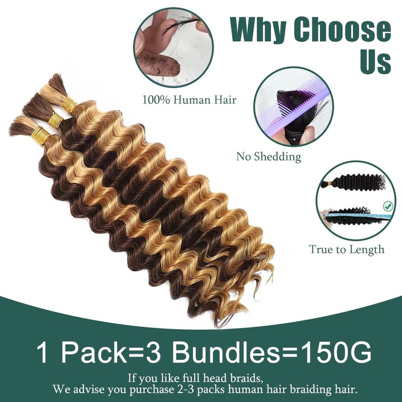 Human Braiding Hair - Deep Wave Bulk 12 Inch Brazilian Virgin Hair Weave | 3 Bundles, No Weft, Curly Extensions